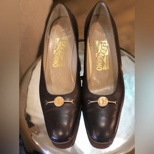 Ferragamo black leather pumps, size 7